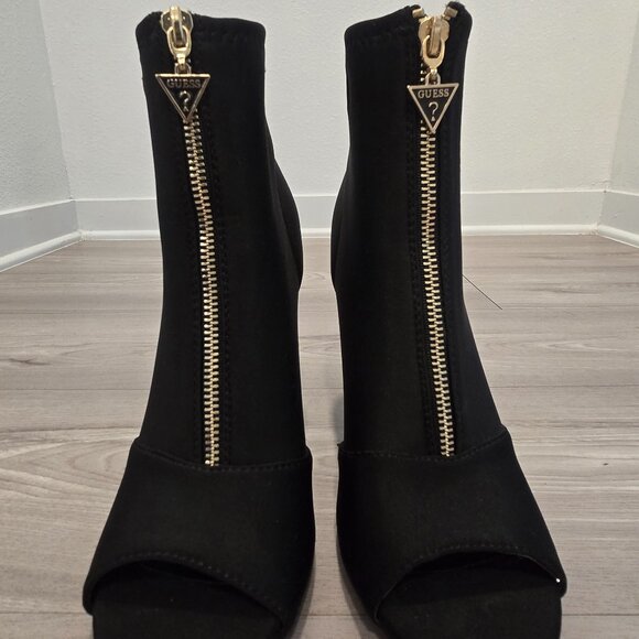 Black Open-Toe Boot Heels – Size 8 – Like New – Gold Front Zipper - Picture 1 of 6